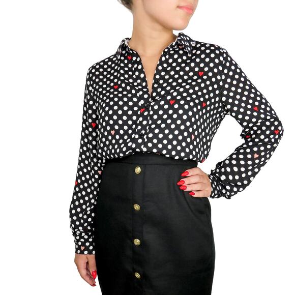 Urban Outfitters Tops - Urban Outfitters Popsugar Black Polka Dot Red Heart Polka Dot Button Down Blouse